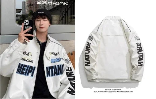 Trendy Y2k Autumn Varsity Jacket Long Sleeve Motorcycle Jacket Racing Baseball Jackets Women Printed Loose Coat Single-breasted