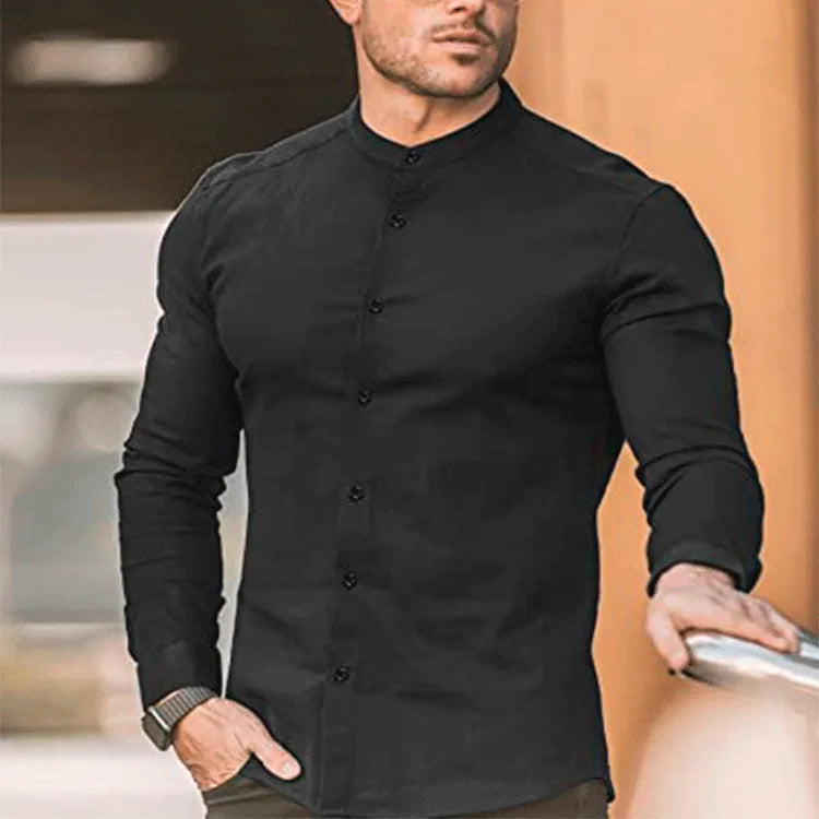 England Style Men Sports Business Casual Shirt Slim Fashion Micro Elastic Solid Stand Collar Button Patchwork Long Sleeve Top