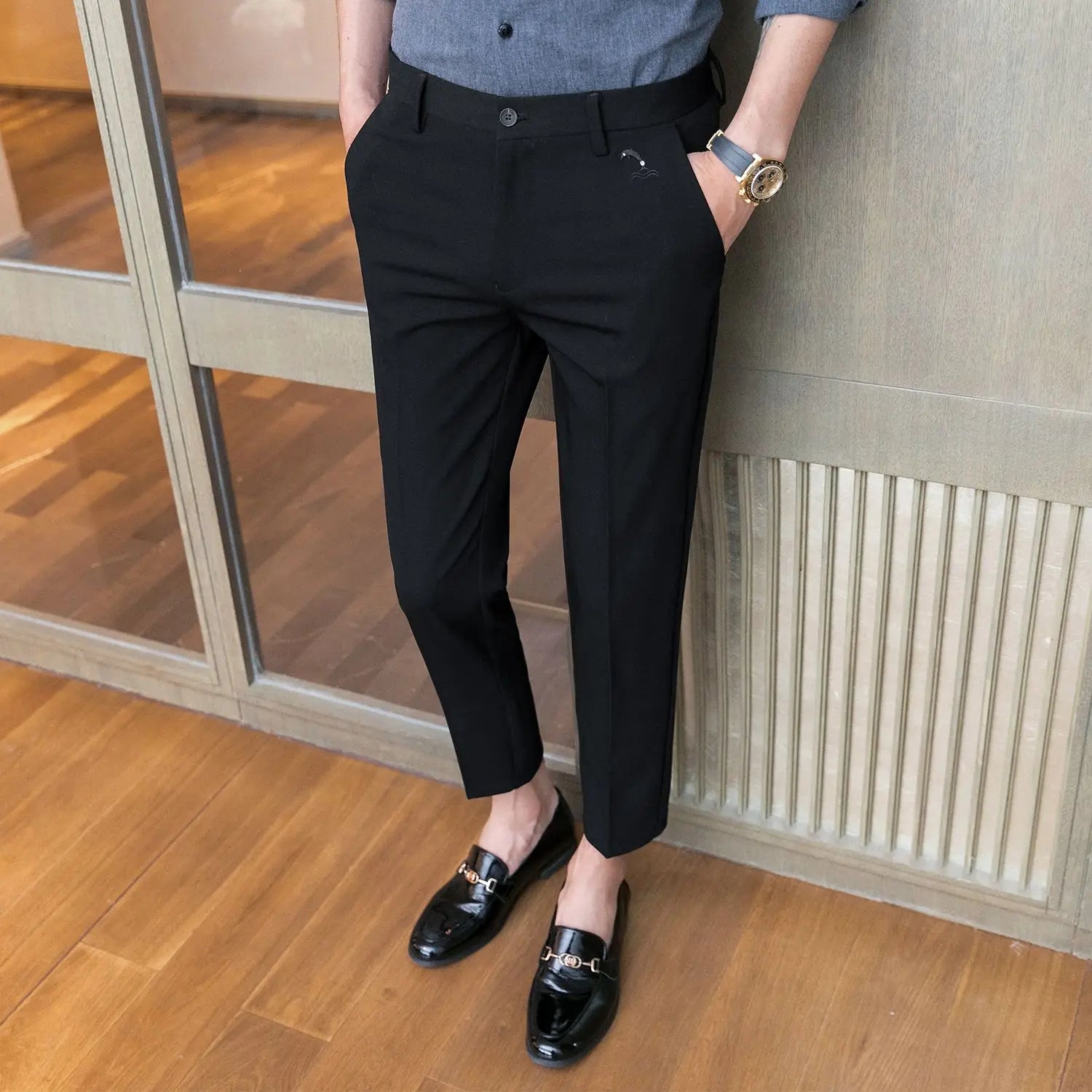 Trousers for Men Cropped Slim Fit Formal Work Casual Pants Man Dress Tailoring Baggy Polyester Slacks Korean Style Cotton Sale