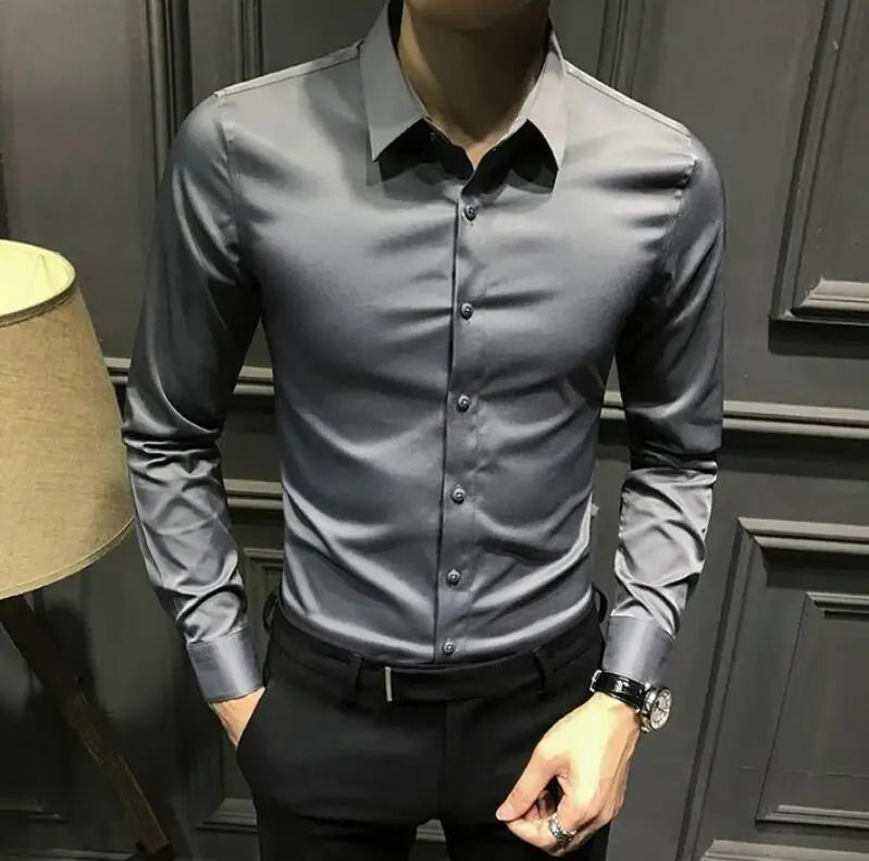 Dress Shirt Long Sleeve Silk Business Plain Man Tops Formal Shirts and Blouses for Men Office Cotton with Collar S Cool Clothing