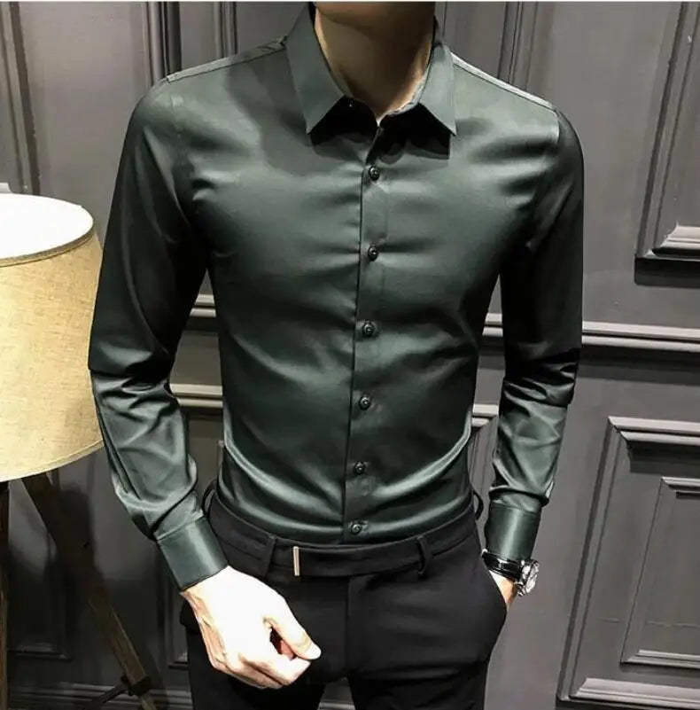 Dress Shirt Long Sleeve Silk Business Plain Man Tops Formal Shirts and Blouses for Men Office Cotton with Collar S Cool Clothing