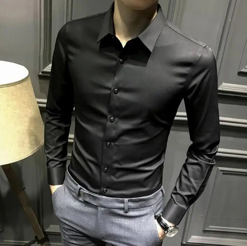 Dress Shirt Long Sleeve Silk Business Plain Man Tops Formal Shirts and Blouses for Men Office Cotton with Collar S Cool Clothing