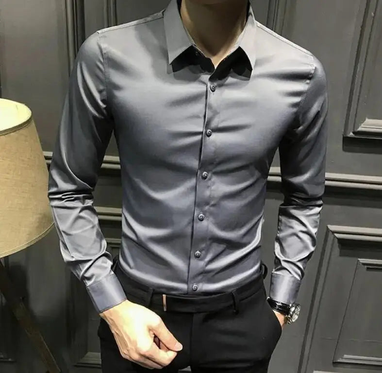 Dress Shirt Long Sleeve Silk Business Plain Man Tops Formal Shirts and Blouses for Men Office Cotton with Collar S Cool Clothing