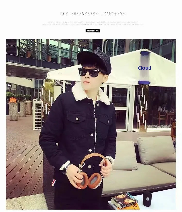 Men's Winter Thickened Fleece Denim Jacket Trendy Oversized Casual Outerwear Regular Length Loose Fit Korean Style Jeans Jacket