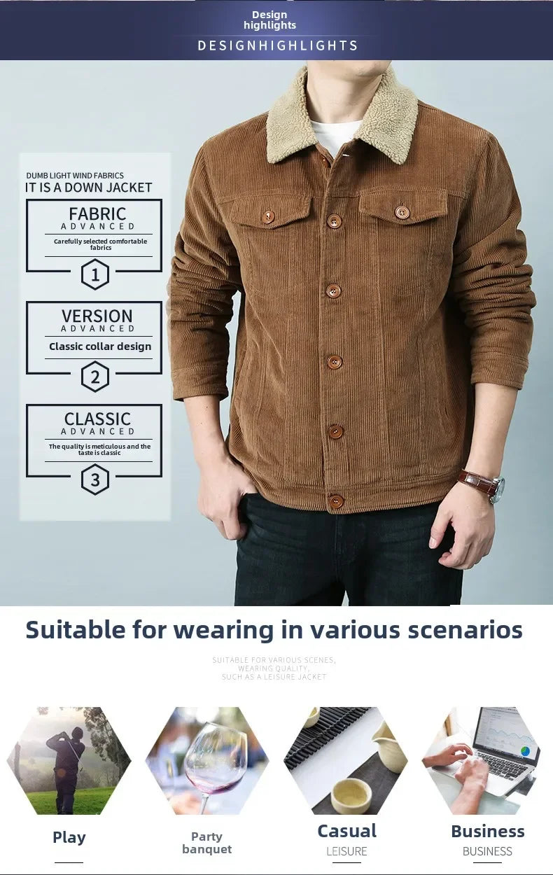 Male Cotton Jackets Padded Warm Loose Parka Coat Corduroy Short Jacket Man Solid Zip Windbreaker Winter Men's Fleece Jacket