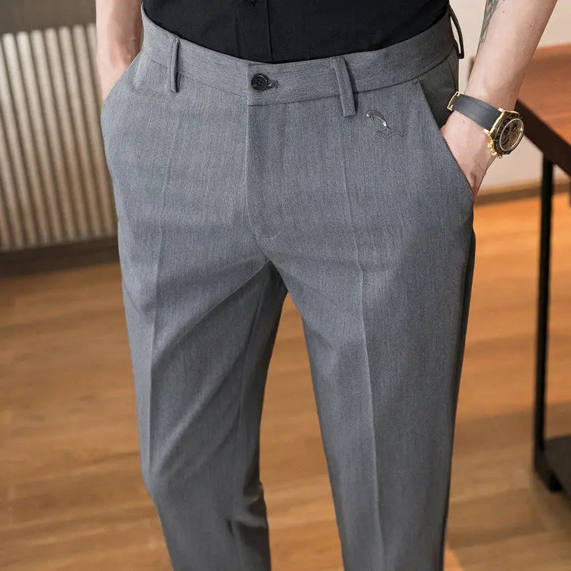 Trousers for Men Cropped Slim Fit Formal Work Casual Pants Man Dress Tailoring Baggy Polyester Slacks Korean Style Cotton Sale