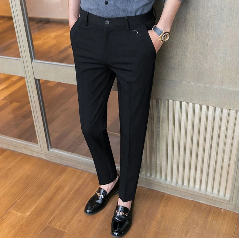Trousers for Men Cropped Slim Fit Formal Work Casual Pants Man Dress Tailoring Baggy Polyester Slacks Korean Style Cotton Sale