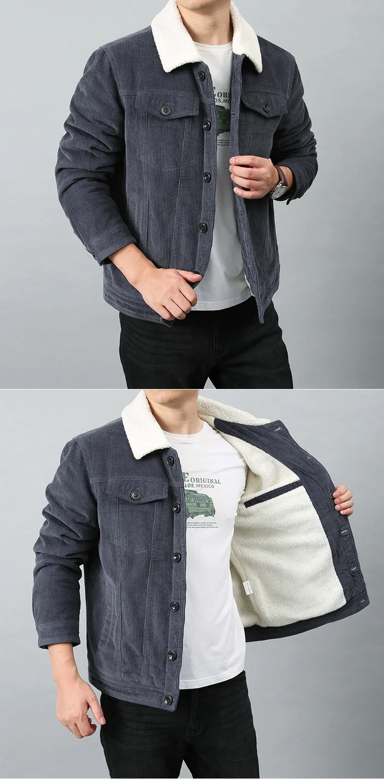 Male Cotton Jackets Padded Warm Loose Parka Coat Corduroy Short Jacket Man Solid Zip Windbreaker Winter Men's Fleece Jacket