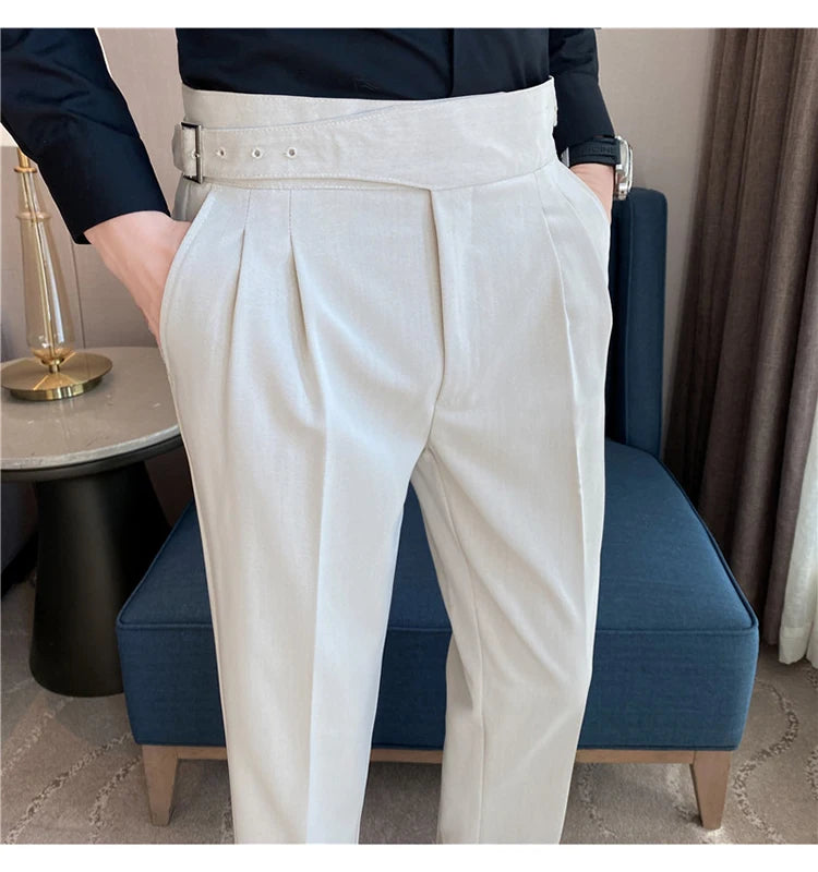 British Style Men High Waist Casual Dress Pant Men Belt Design Slim Trousers Formal Office Social Wedding Party Dress Suit Pants