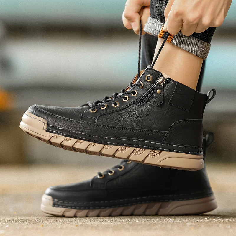 Men's High Top Leather Sneakers Comfortable Men's Motocross Boots Non Slip Walking Shoes Classic Botas Outdoor Treking Footwear