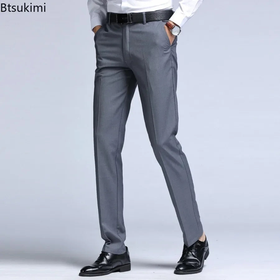 New Men's Dress Suit Pants Elastic Straight Formal Business Office Club Party Trousers for Men Solid Slim Casual Pants Oversize