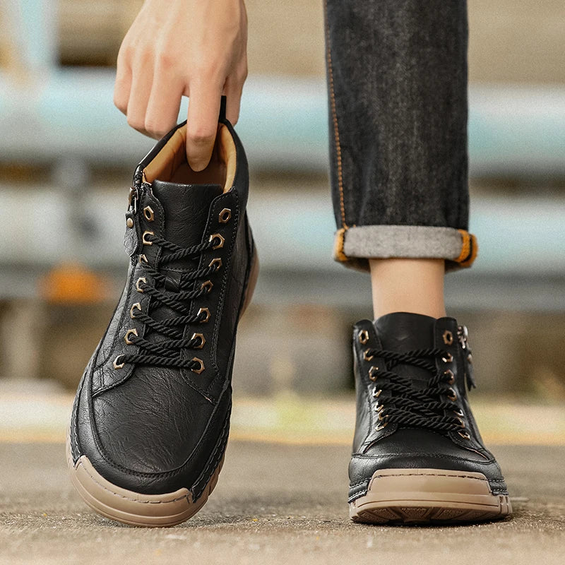 Men's High Top Leather Sneakers Comfortable Men's Motocross Boots Non Slip Walking Shoes Classic Botas Outdoor Treking Footwear