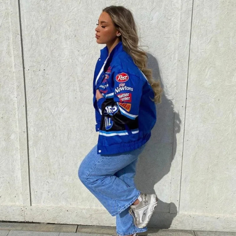 Trendy Y2k Autumn Varsity Jacket Long Sleeve Motorcycle Jacket Racing Baseball Jackets Women Printed Loose Coat Single-breasted