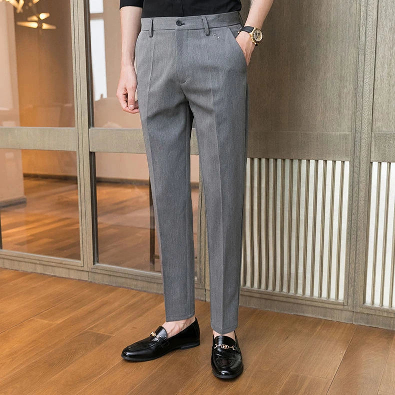 Trousers for Men Cropped Slim Fit Formal Work Casual Pants Man Dress Tailoring Baggy Polyester Slacks Korean Style Cotton Sale