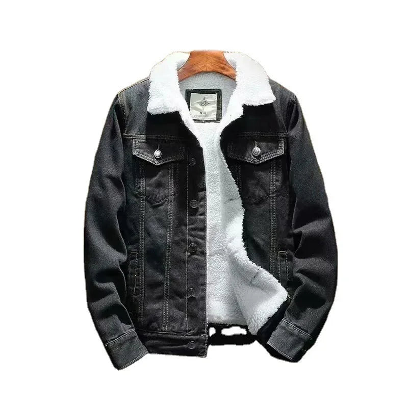 Men's Winter Thickened Fleece Denim Jacket Trendy Oversized Casual Outerwear Regular Length Loose Fit Korean Style Jeans Jacket