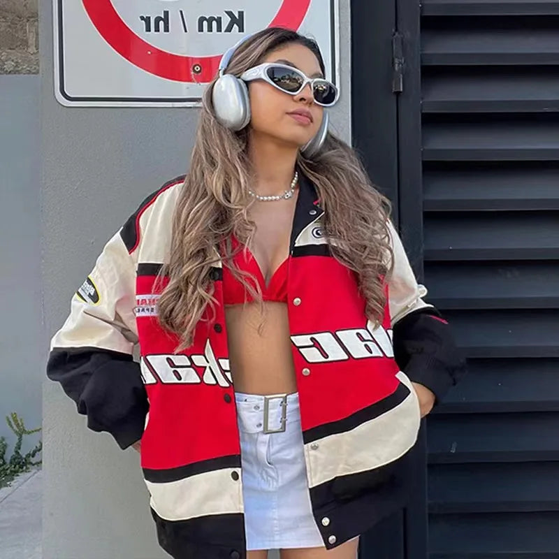 Trendy Y2k Autumn Varsity Jacket Long Sleeve Motorcycle Jacket Racing Baseball Jackets Women Printed Loose Coat Single-breasted
