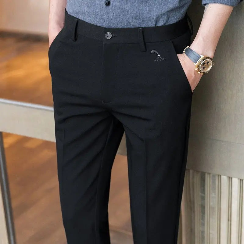 Trousers for Men Cropped Slim Fit Formal Work Casual Pants Man Dress Tailoring Baggy Polyester Slacks Korean Style Cotton Sale