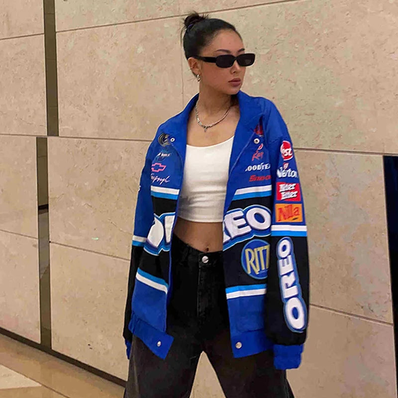 Trendy Y2k Autumn Varsity Jacket Long Sleeve Motorcycle Jacket Racing Baseball Jackets Women Printed Loose Coat Single-breasted