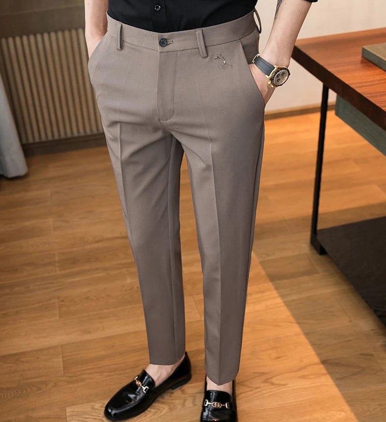 Trousers for Men Cropped Slim Fit Formal Work Casual Pants Man Dress Tailoring Baggy Polyester Slacks Korean Style Cotton Sale