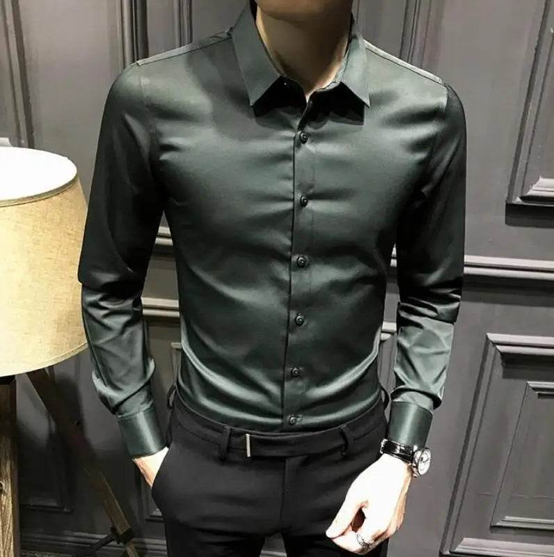Dress Shirt Long Sleeve Silk Business Plain Man Tops Formal Shirts and Blouses for Men Office Cotton with Collar S Cool Clothing