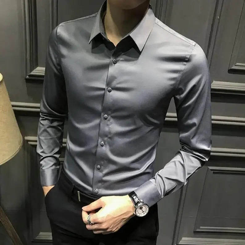Dress Shirt Long Sleeve Silk Business Plain Man Tops Formal Shirts and Blouses for Men Office Cotton with Collar S Cool Clothing