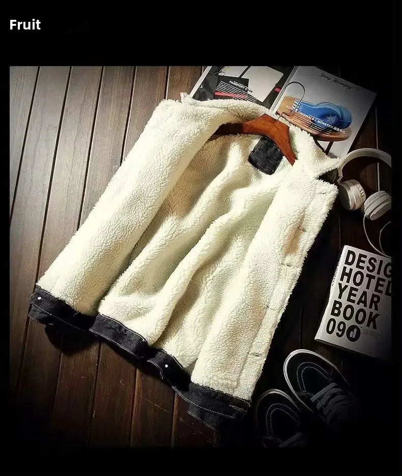 Men's Winter Thickened Fleece Denim Jacket Trendy Oversized Casual Outerwear Regular Length Loose Fit Korean Style Jeans Jacket