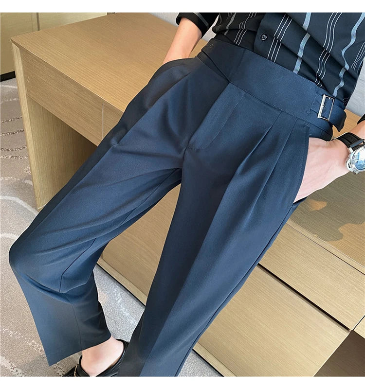British Style Men High Waist Casual Dress Pant Men Belt Design Slim Trousers Formal Office Social Wedding Party Dress Suit Pants