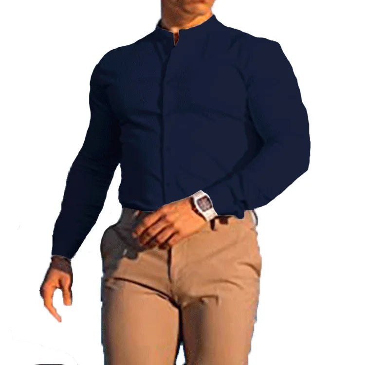 England Style Men Sports Business Casual Shirt Slim Fashion Micro Elastic Solid Stand Collar Button Patchwork Long Sleeve Top