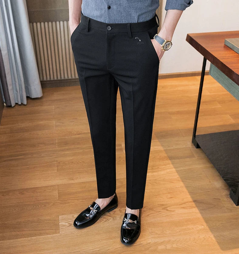 Trousers for Men Cropped Slim Fit Formal Work Casual Pants Man Dress Tailoring Baggy Polyester Slacks Korean Style Cotton Sale