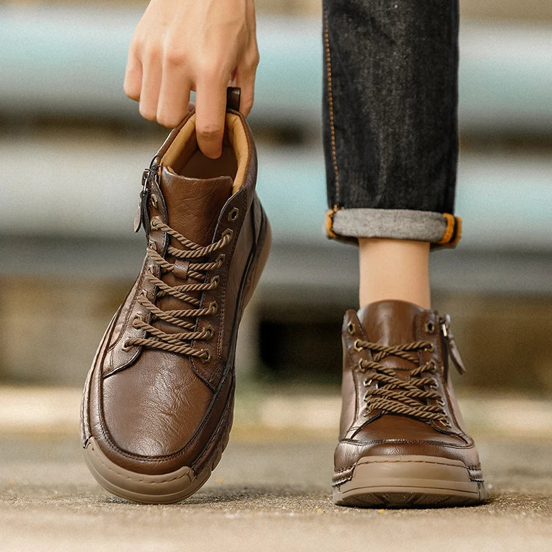 Men's High Top Leather Sneakers Comfortable Men's Motocross Boots Non Slip Walking Shoes Classic Botas Outdoor Treking Footwear