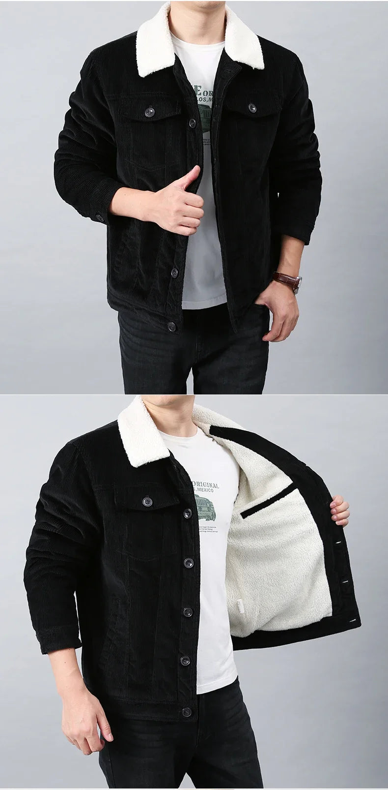 Male Cotton Jackets Padded Warm Loose Parka Coat Corduroy Short Jacket Man Solid Zip Windbreaker Winter Men's Fleece Jacket