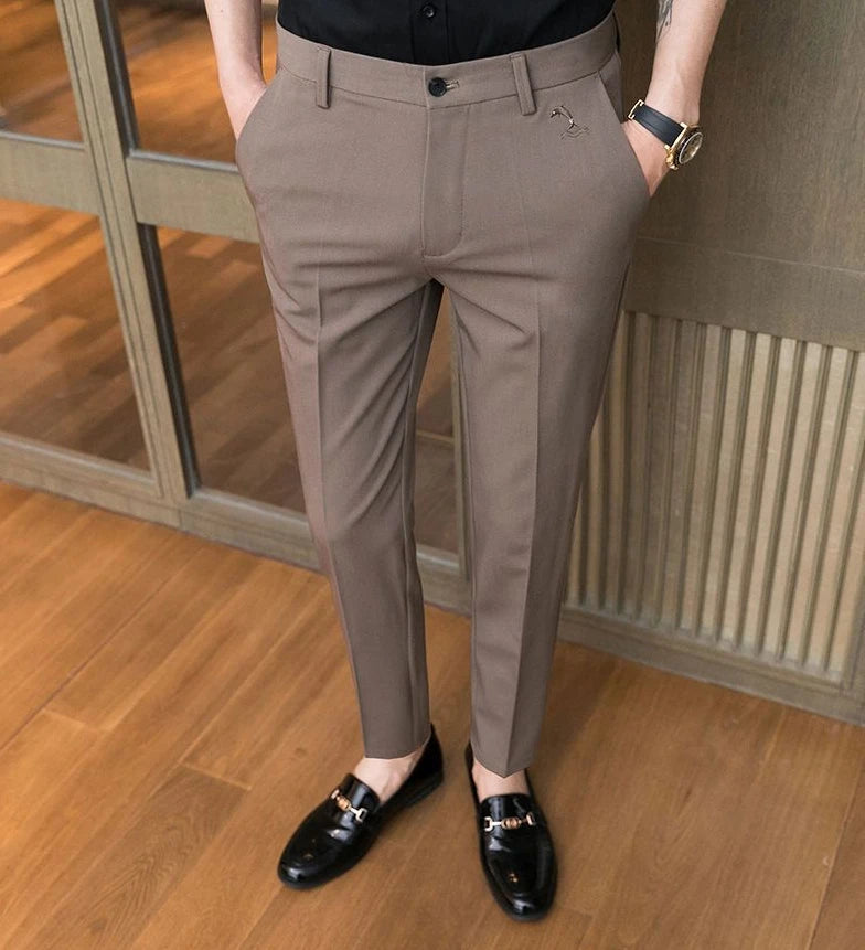 Trousers for Men Cropped Slim Fit Formal Work Casual Pants Man Dress Tailoring Baggy Polyester Slacks Korean Style Cotton Sale