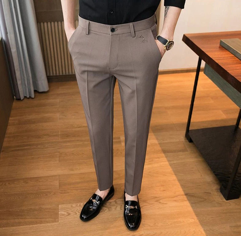 Trousers for Men Cropped Slim Fit Formal Work Casual Pants Man Dress Tailoring Baggy Polyester Slacks Korean Style Cotton Sale