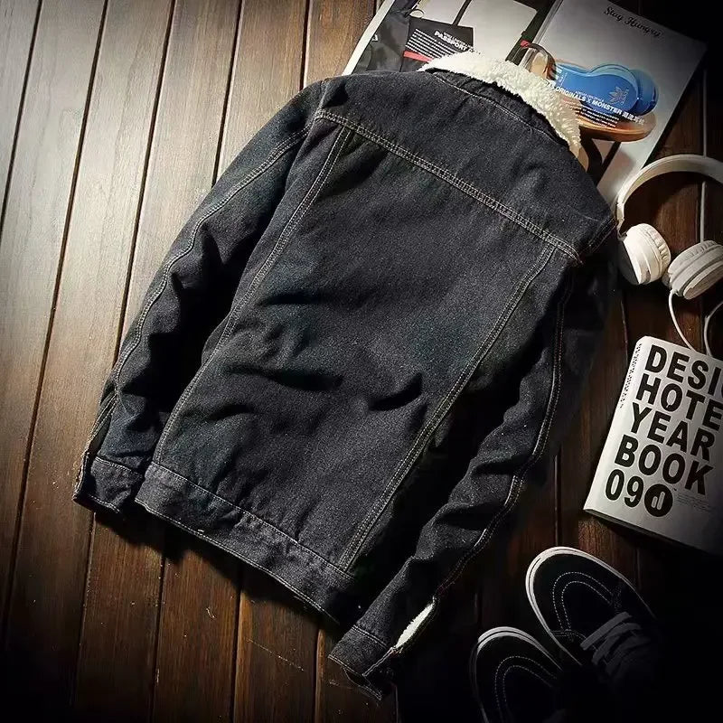 Men's Winter Thickened Fleece Denim Jacket Trendy Oversized Casual Outerwear Regular Length Loose Fit Korean Style Jeans Jacket