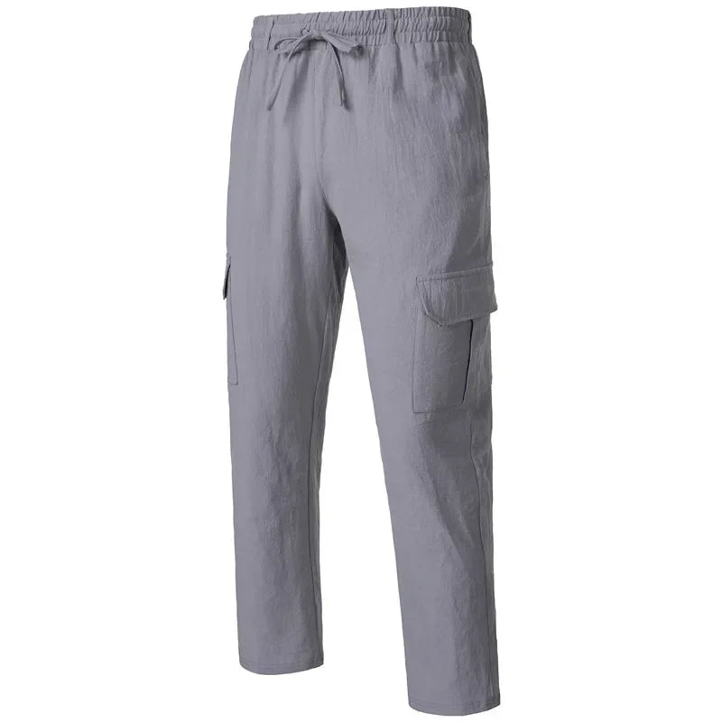 Men's Casual Trousers Loose Comfortable cargo pants Pants Man Cotton Linen multi-pocket Straight trousers Beach thin men Pants