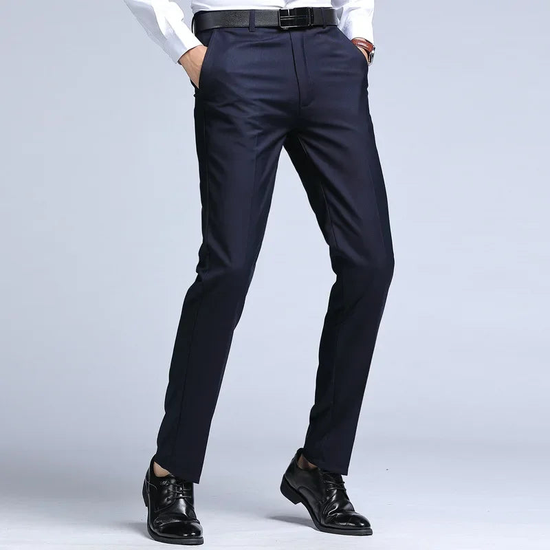 New Men's Dress Suit Pants Elastic Straight Formal Business Office Club Party Trousers for Men Solid Slim Casual Pants Oversize