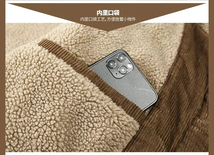 Male Cotton Jackets Padded Warm Loose Parka Coat Corduroy Short Jacket Man Solid Zip Windbreaker Winter Men's Fleece Jacket