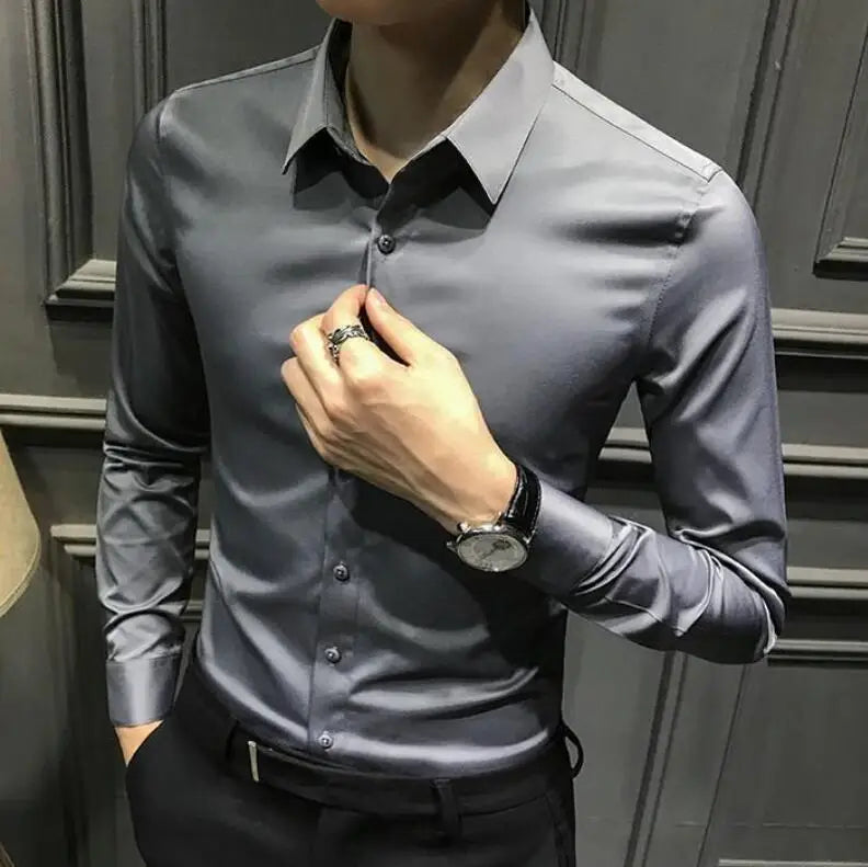 Dress Shirt Long Sleeve Silk Business Plain Man Tops Formal Shirts and Blouses for Men Office Cotton with Collar S Cool Clothing