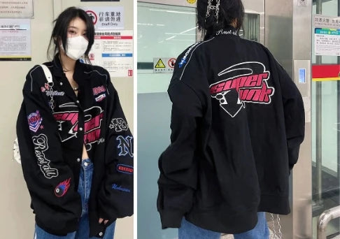 Trendy Y2k Autumn Varsity Jacket Long Sleeve Motorcycle Jacket Racing Baseball Jackets Women Printed Loose Coat Single-breasted