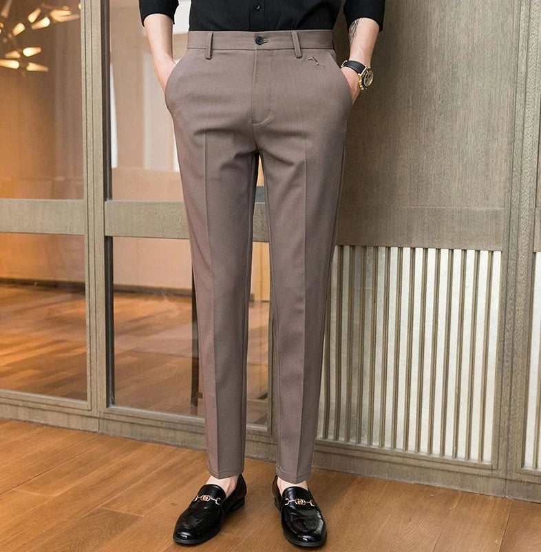 Trousers for Men Cropped Slim Fit Formal Work Casual Pants Man Dress Tailoring Baggy Polyester Slacks Korean Style Cotton Sale