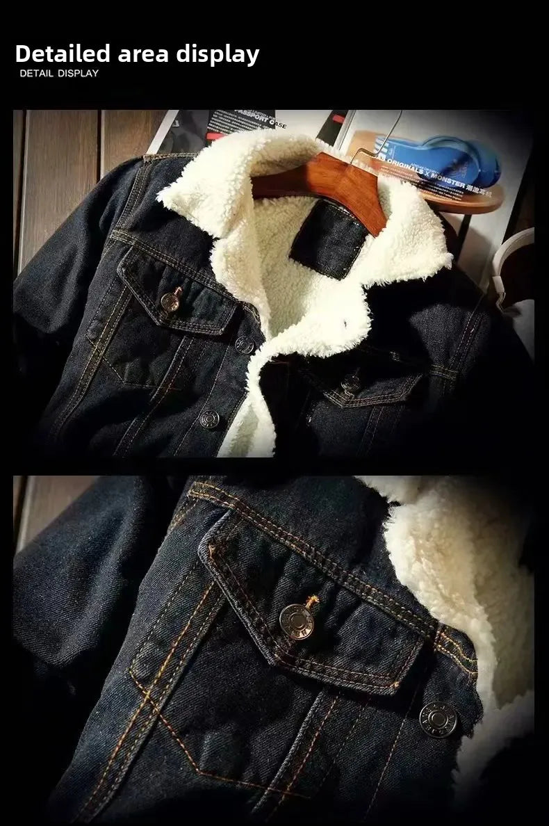 Men's Winter Thickened Fleece Denim Jacket Trendy Oversized Casual Outerwear Regular Length Loose Fit Korean Style Jeans Jacket
