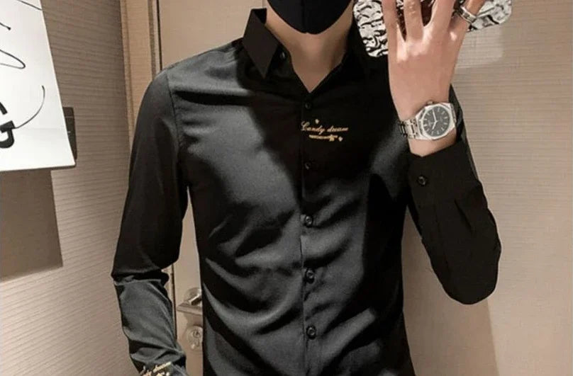 Shirts For Men Long Sleeve Embroidery White Man Shirt Social Cheap Things With Vintage Sleeves Slim Fit Sale Fashion 2025