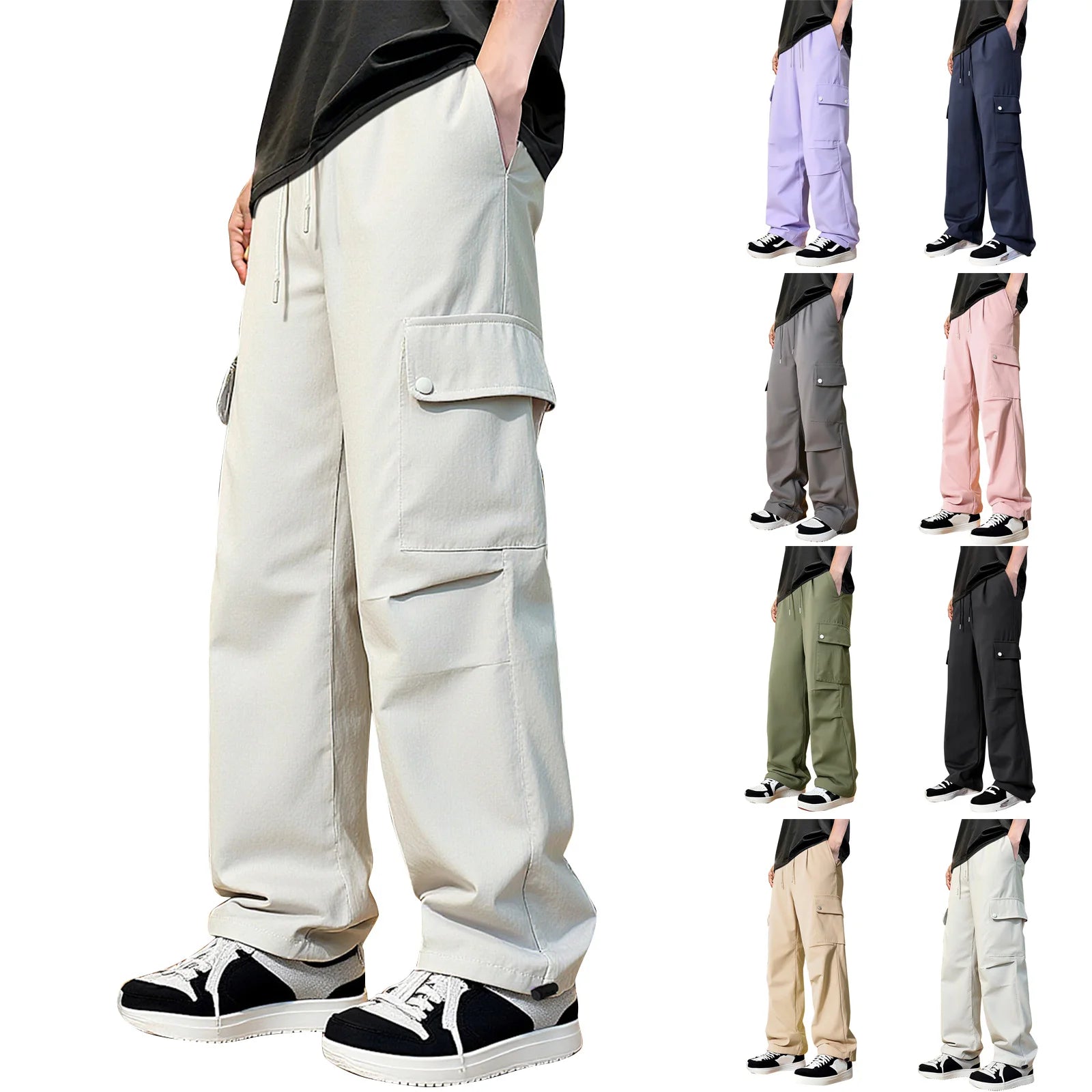 Men'S Casual Fashion Work Trousers Solid Color Multi-Color Loose Pocket Work Trousers Men'S Home Trousers Nine-Point Trousers