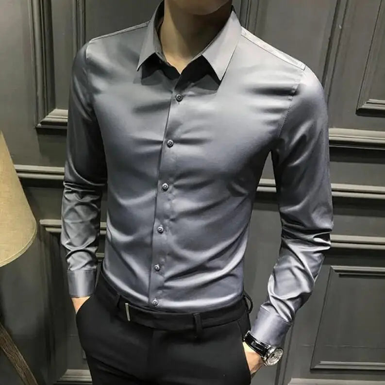 Dress Shirt Long Sleeve Silk Business Plain Man Tops Formal Shirts and Blouses for Men Office Cotton with Collar S Cool Clothing