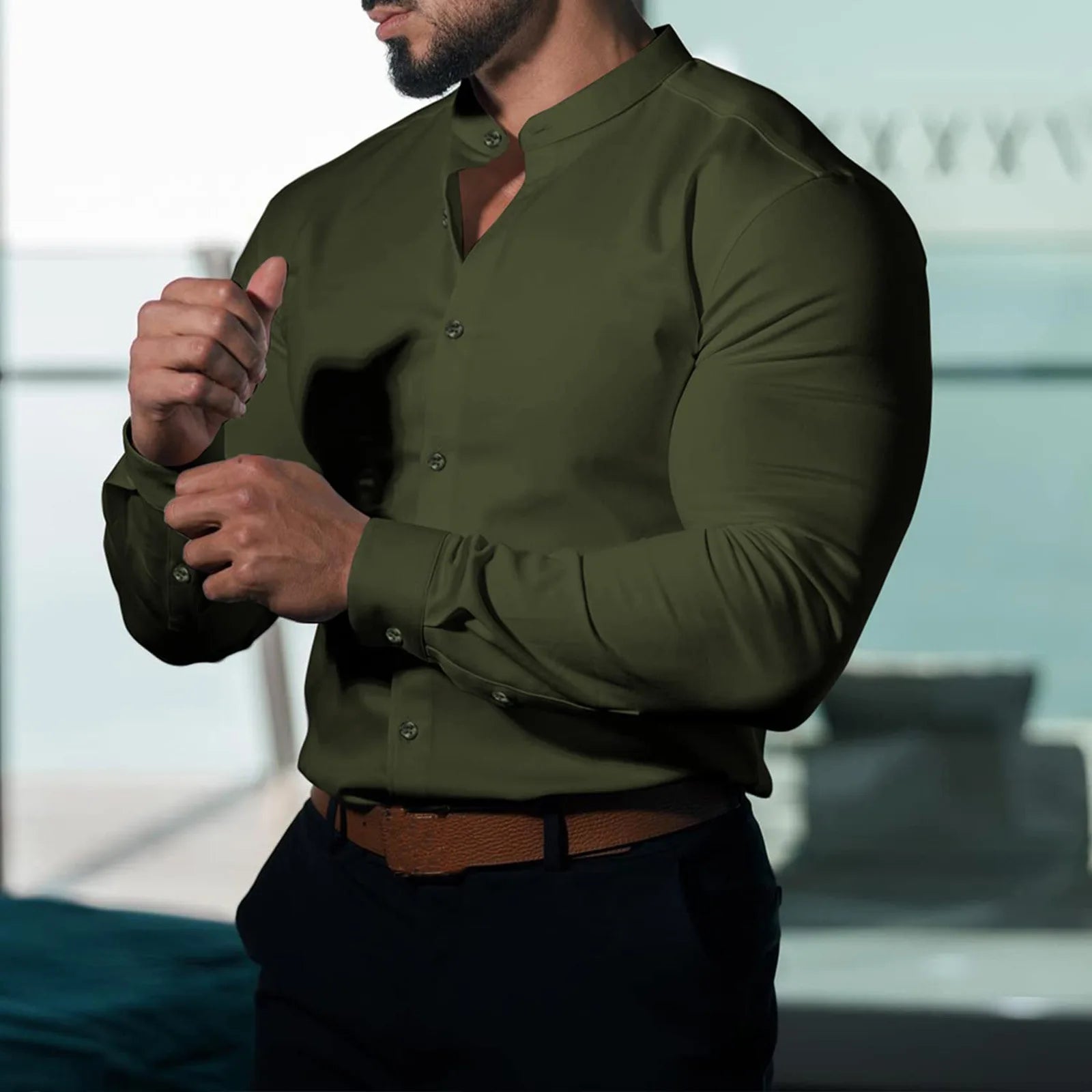 England Style Men Sports Business Casual Shirt Slim Fashion Micro Elastic Solid Stand Collar Button Patchwork Long Sleeve Top